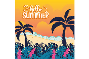 Hello summer poster with palm trees, an Animal Illustration by studioDK