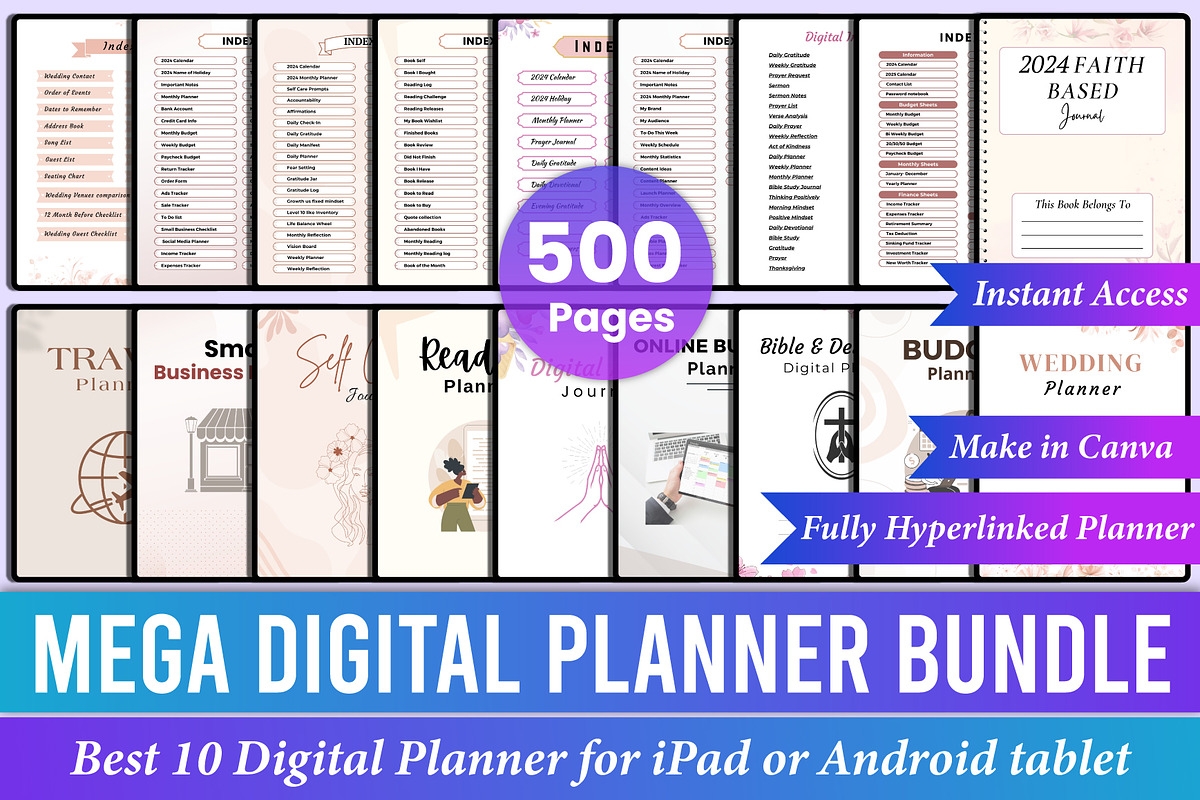 Mega Digital Planner Bundle Canva, a Stationery Template by Mustafiz