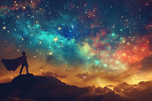 Silhouette of a man reaching for a shooting star in a colorful sky, a Photo by AS photostudio