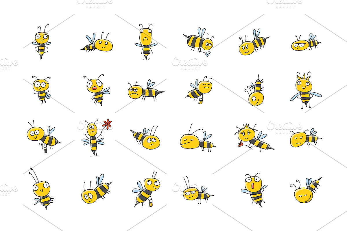 Collection of funny Bee characters, an Illustration by Kudryashka