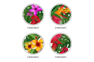 Vector Tropical Palm Leaves And Exotic Flower Elements Round Logo Symbols Set