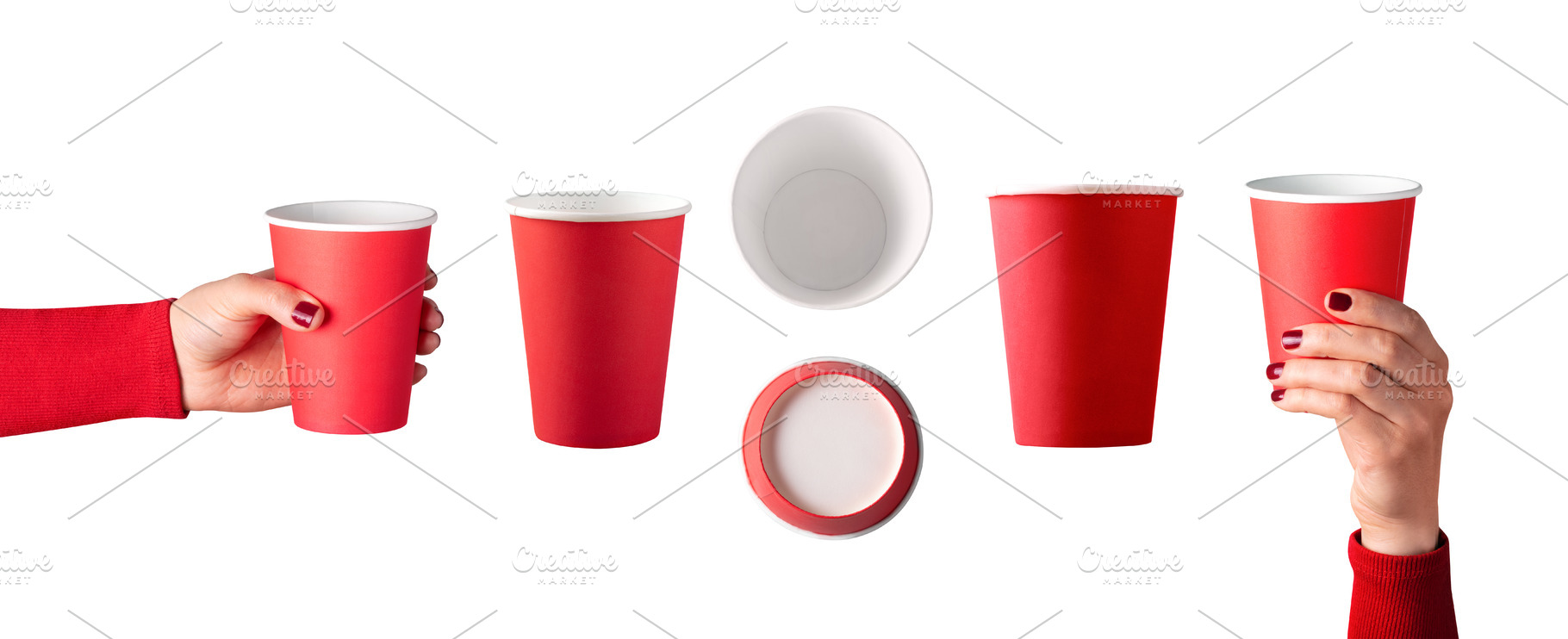 Collection of red paper cups with hands holding, isolated on whi, a Food & Drink Photo by Ales Munt