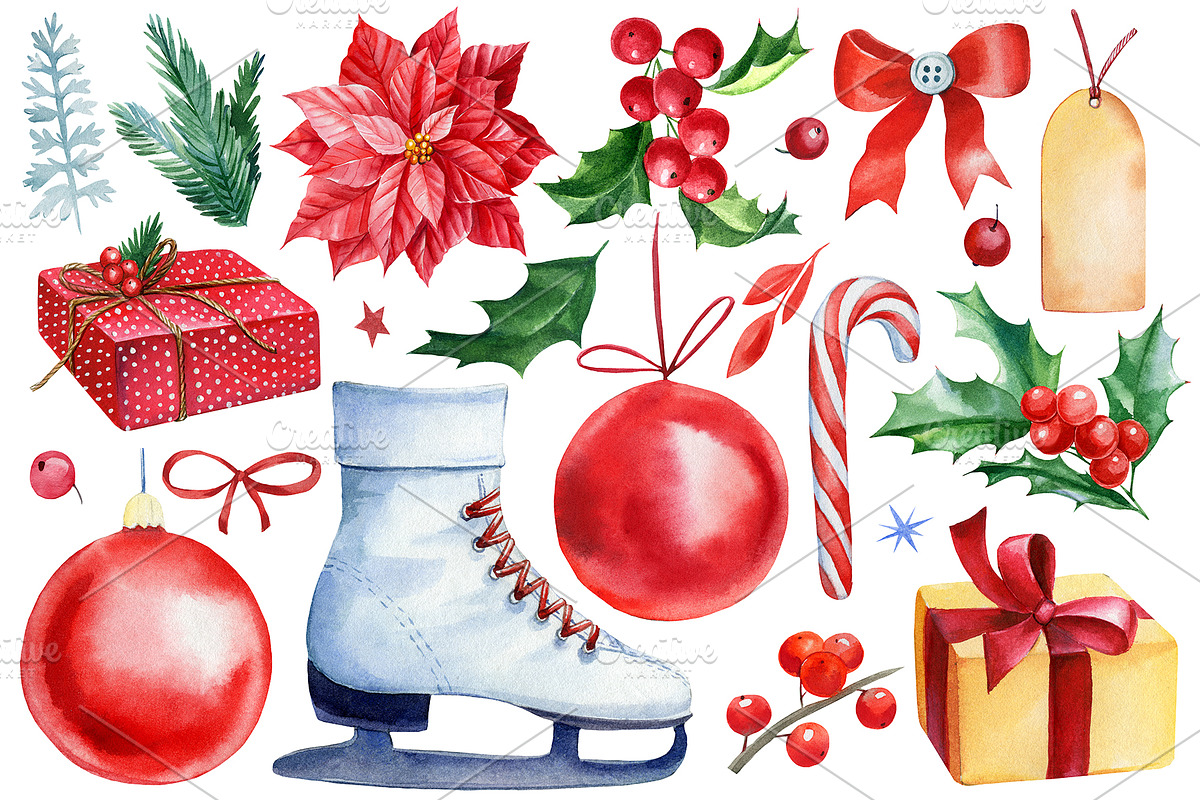 Christmas watercolor clipart, a Decorative Illustration by Hanna Hryharenka (Photo 3 of 19)