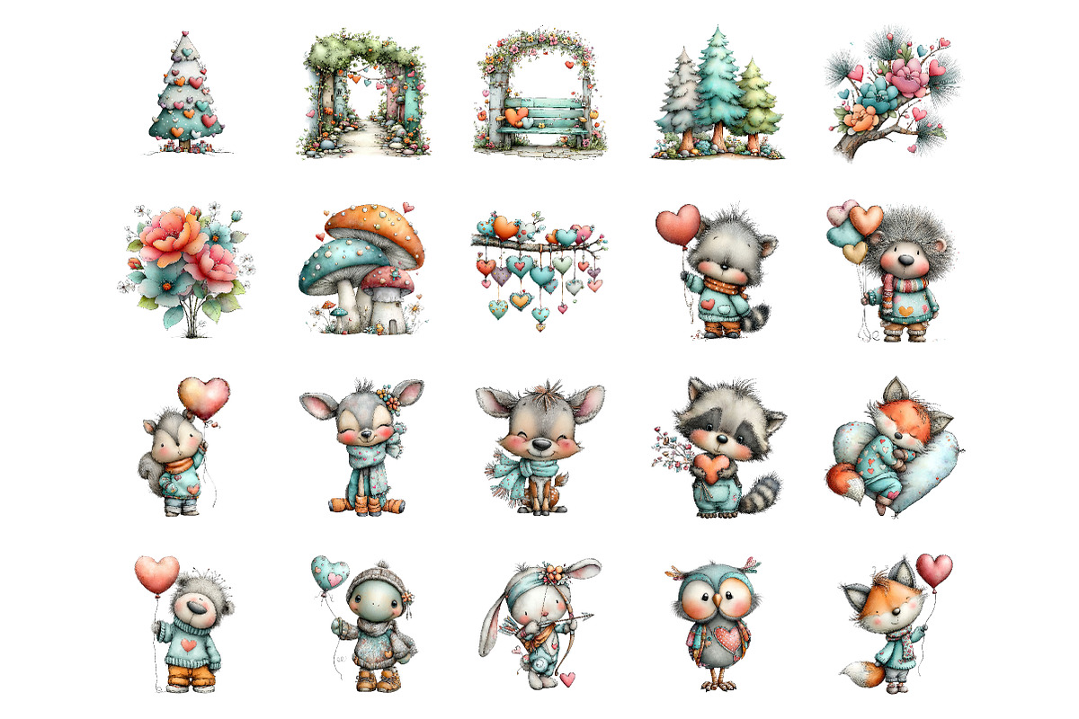Valentine Woodland Animal Clipart, an Illustration by CreationArt (Photo 2 of 5)