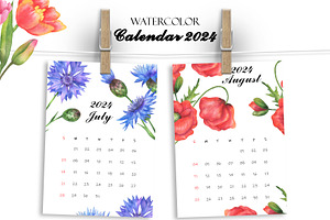 Watercolor Printable Calendar 2024