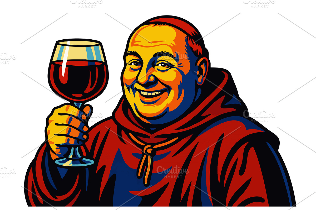 monk with glass of wine vector, an Illustration by AlexArt