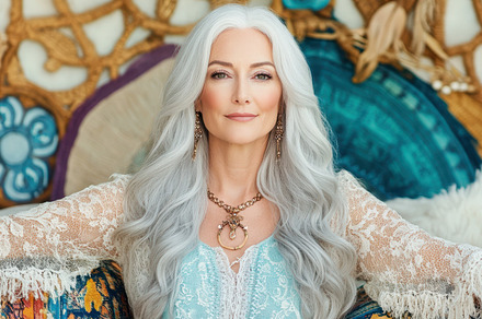 An elegant older woman with long silver hair, lace outfit, and gold jewelry pos, a Person Photo by Mashimara