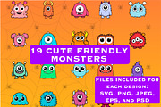 19 Cartoon Friendly Monsters, a Seasonal Illustration by Baby Squid Ink (Thumbnail 1 of 7)