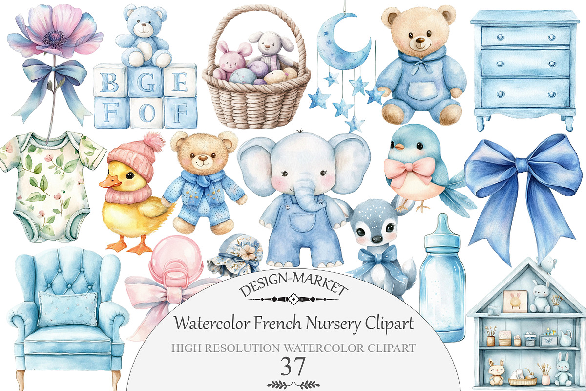 Watercolor French Nursery Clipart, an Illustration by Design Market (Photo 1 of 4)