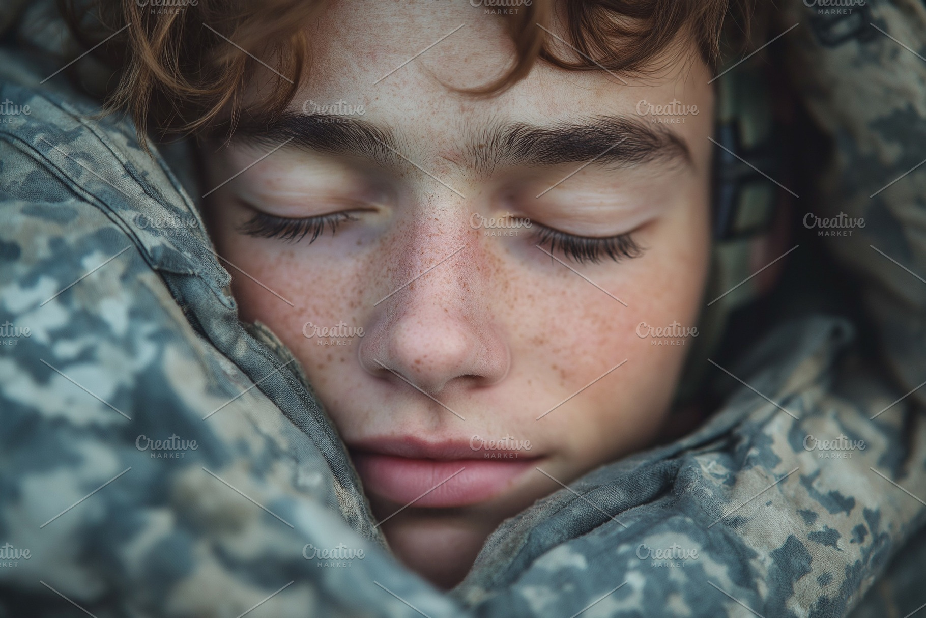 A young male soldier with freckles rests peacefully in camouflage gear, showcas, a Person Photo by ImageMir