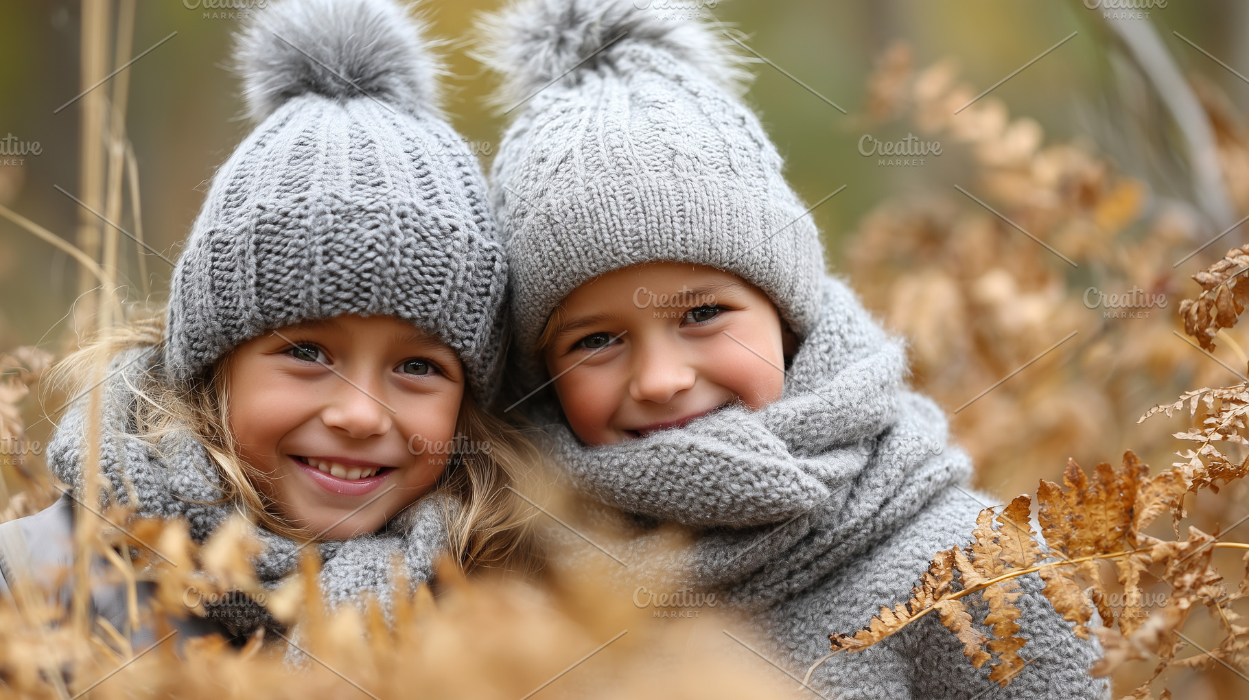 Two happy children in knitted gray, a Person Photo by MistyDay
