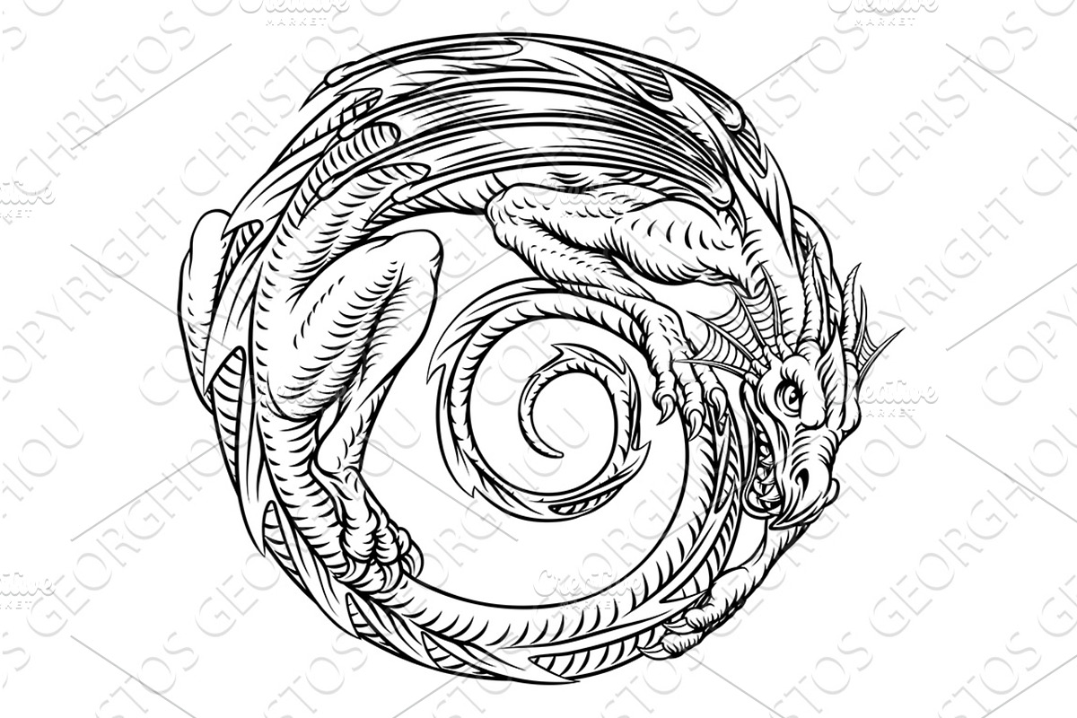 Dragon Circle Vintage Woodcut Myth, an Illustration by Christos Georghiou