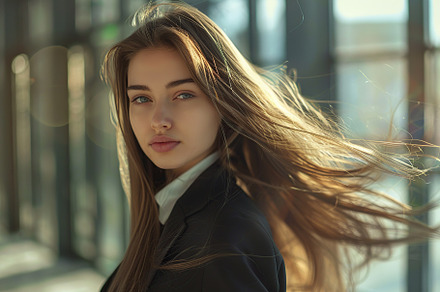 Young business woman in business suit standing on blurred office background, a Person Photo by AlyaAnd
