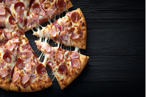 Pizza with ham, cheese, red onion, a Food & Drink Photo by ZinetroN