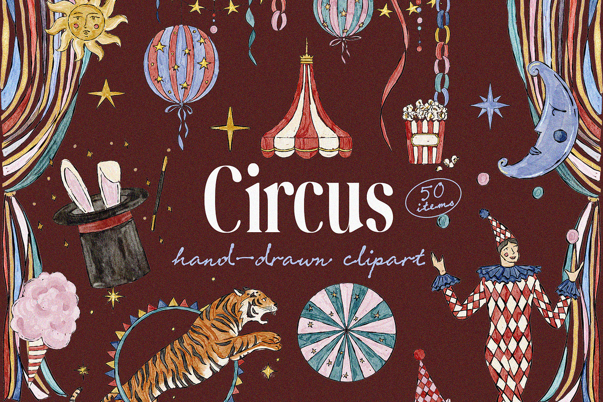 Vintage Watercolor Circus Clipart, an Object Illustration by Teresa Art Store (Photo 1 of 9)