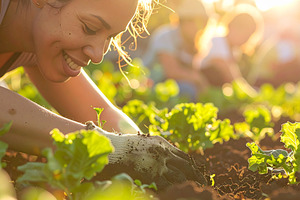 Woman with joyful expression working in a community garden, a Person Photo by DanFLCreativo