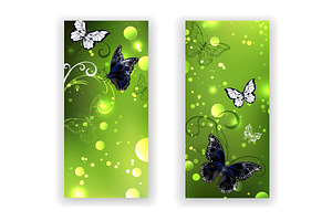 Two Green Banners With Butterflies