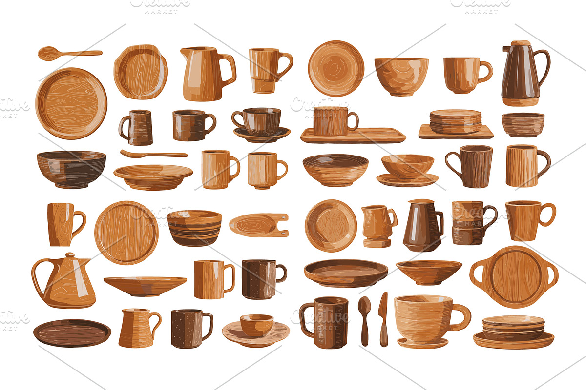 Wood tableware cartoon vector set, an Object Illustration by Onyx