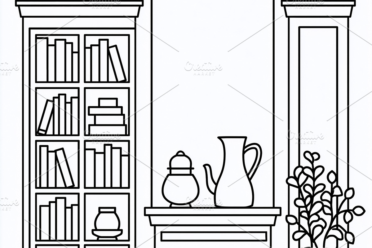 Cozy room interior doodle with bookshelf, fireplace, comfortable chair, and pot, an Illustration by Studio ANNA