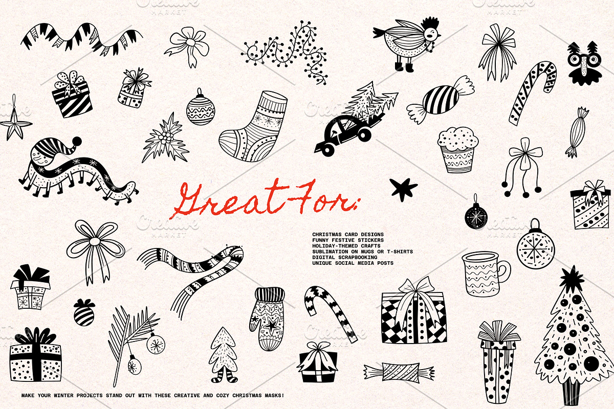 Merry Christmas Doodles Hand Drawn, an Illustration by Art's and patterns (Photo 3 of 5)