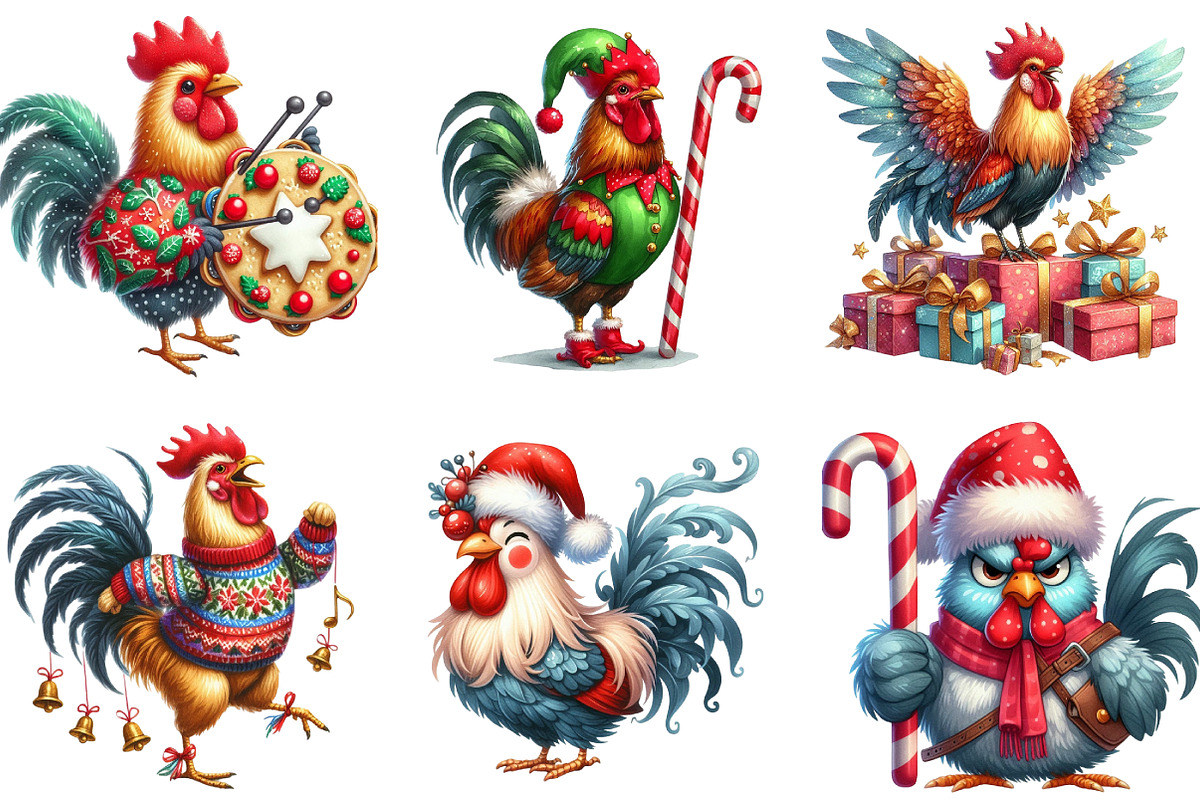 Christmas Funny Rooster Clipart, an Illustration by DreamArtGraphic (Photo 3 of 3)