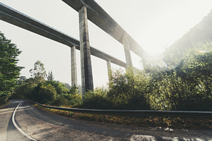 Viaduct over forest road flare, a Transportation Photo by SkyNext