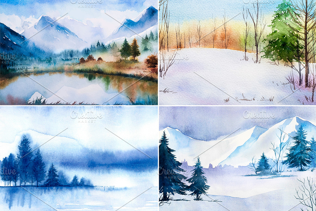 Winter Landscapes set#2. Watercolor., an Illustration by AlexGreenArt (Photo 2 of 9)