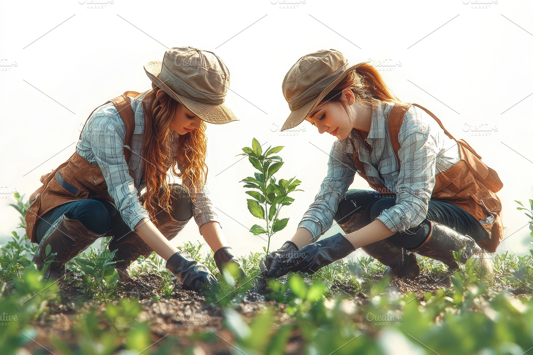 Two women planting trees in a sunny, a Photo by Tanuart