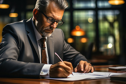 Serious senior businessman boss working with documents in office, a Business Photo by AS photostudio