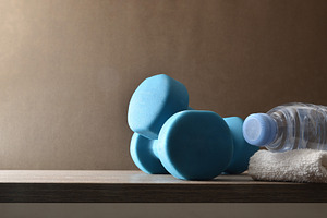 Blue Dumbbells and Water Bottle with Copy Space, a Sports & Recreation Photo by Davizro's Market