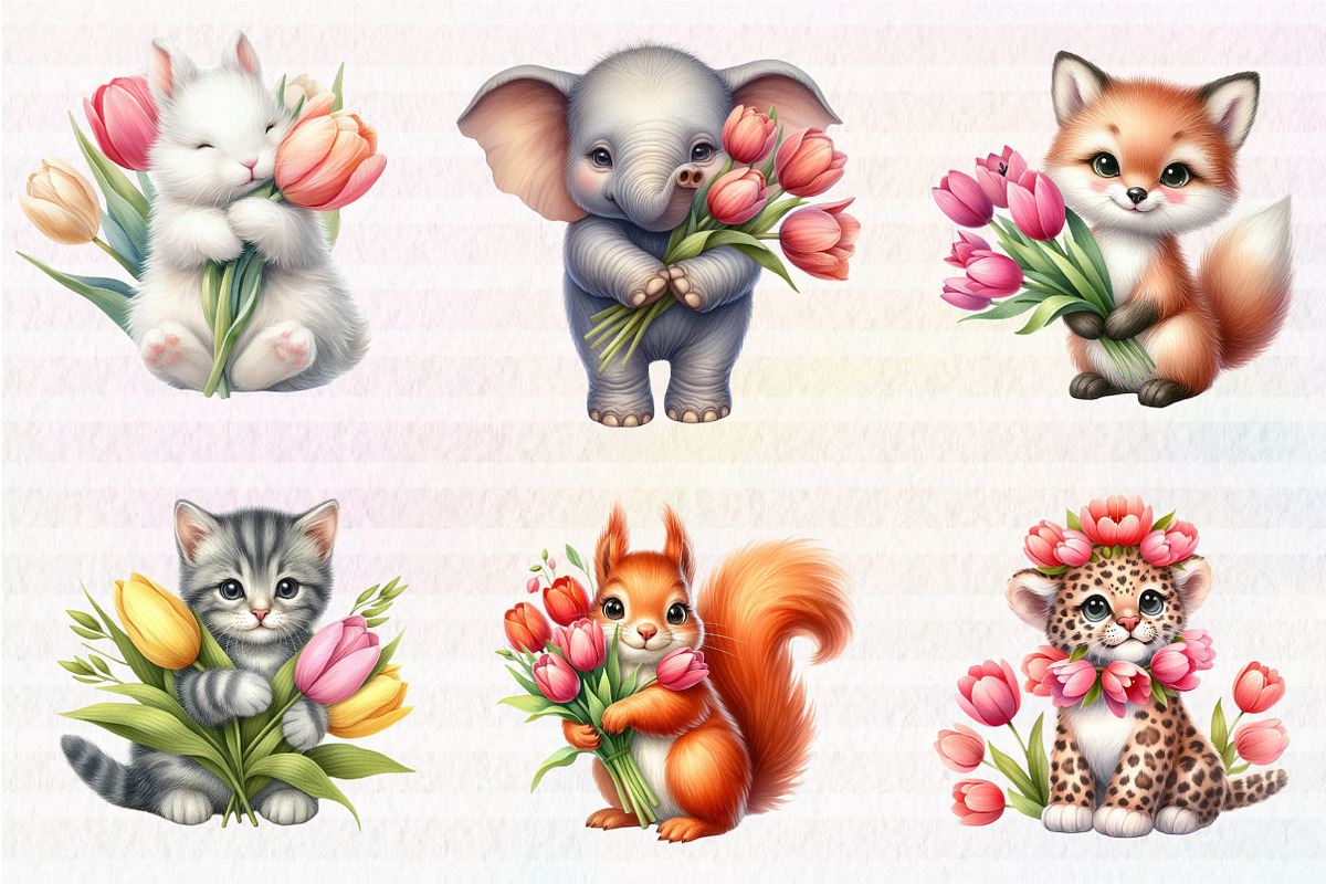 Cute Animals and Tulip Flower, an Illustration by CreationArt (Photo 5 of 6)