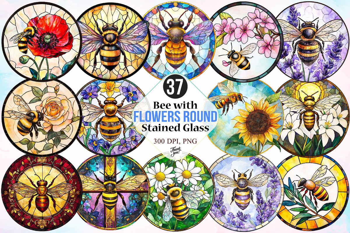 Bee with Flowers Round Stained Glass, an Illustration by Canvas Craft (Photo 1 of 4)