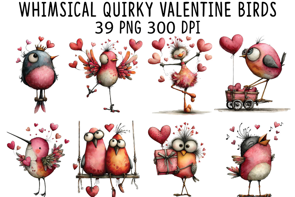 Whimsical Quirky Valentine Birds PNG, an Illustration by CraftArtStudio (Photo 1 of 6)