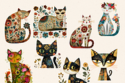 FOLK ART CAT CLIPART PACK, an Animal Illustration by Daring Digies (Thumbnail 3 of 8)