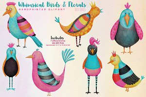 Colorful Whimsical Birds & Flowers