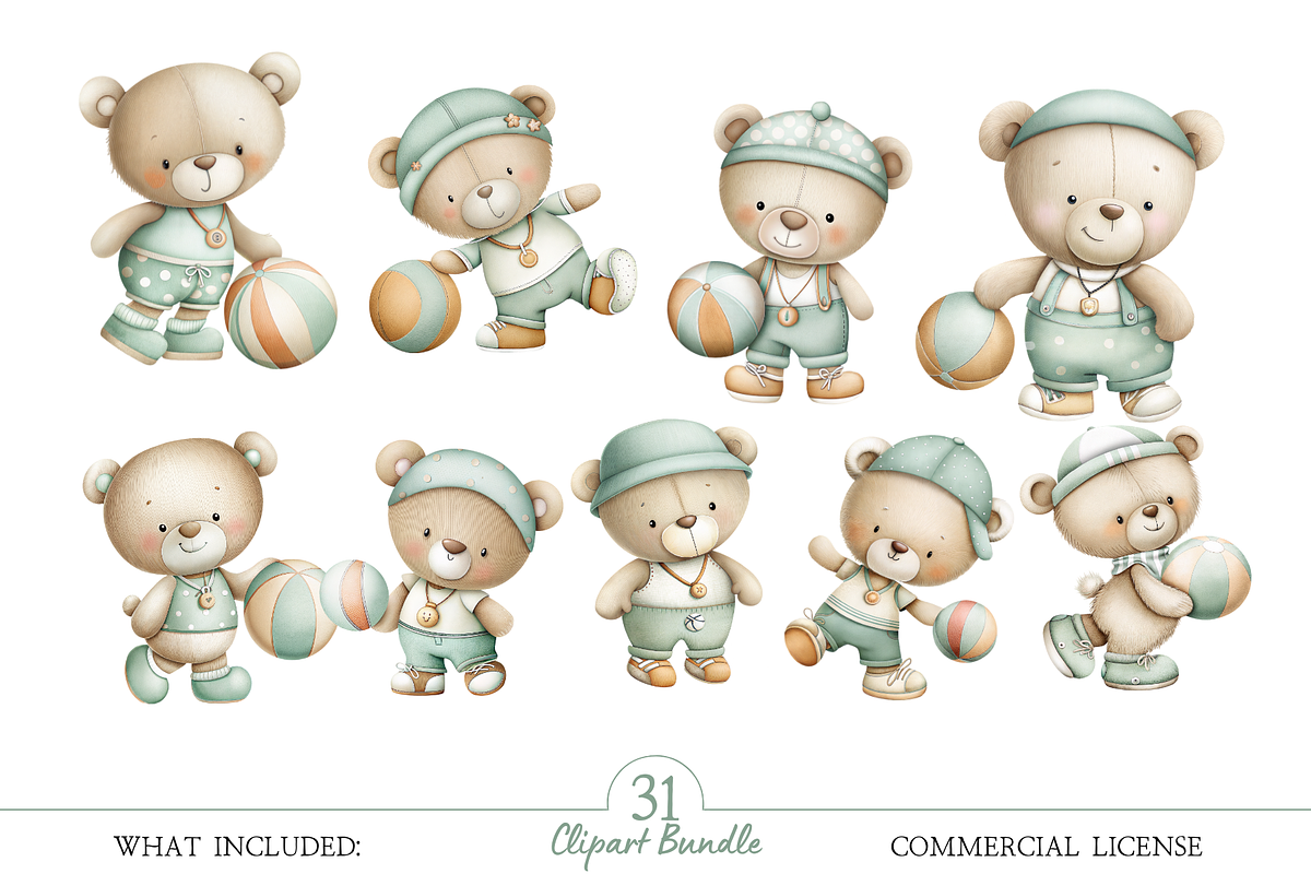 Watercolor Teddy Bear Soccer Clipart, an Illustration by MockupWizard (Photo 3 of 5)