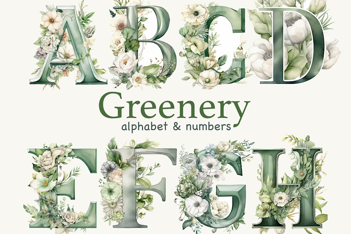 Greenery Alphabet Lettering Clipart, an Education Illustration by GlamArtZhanna (Photo 1 of 7)