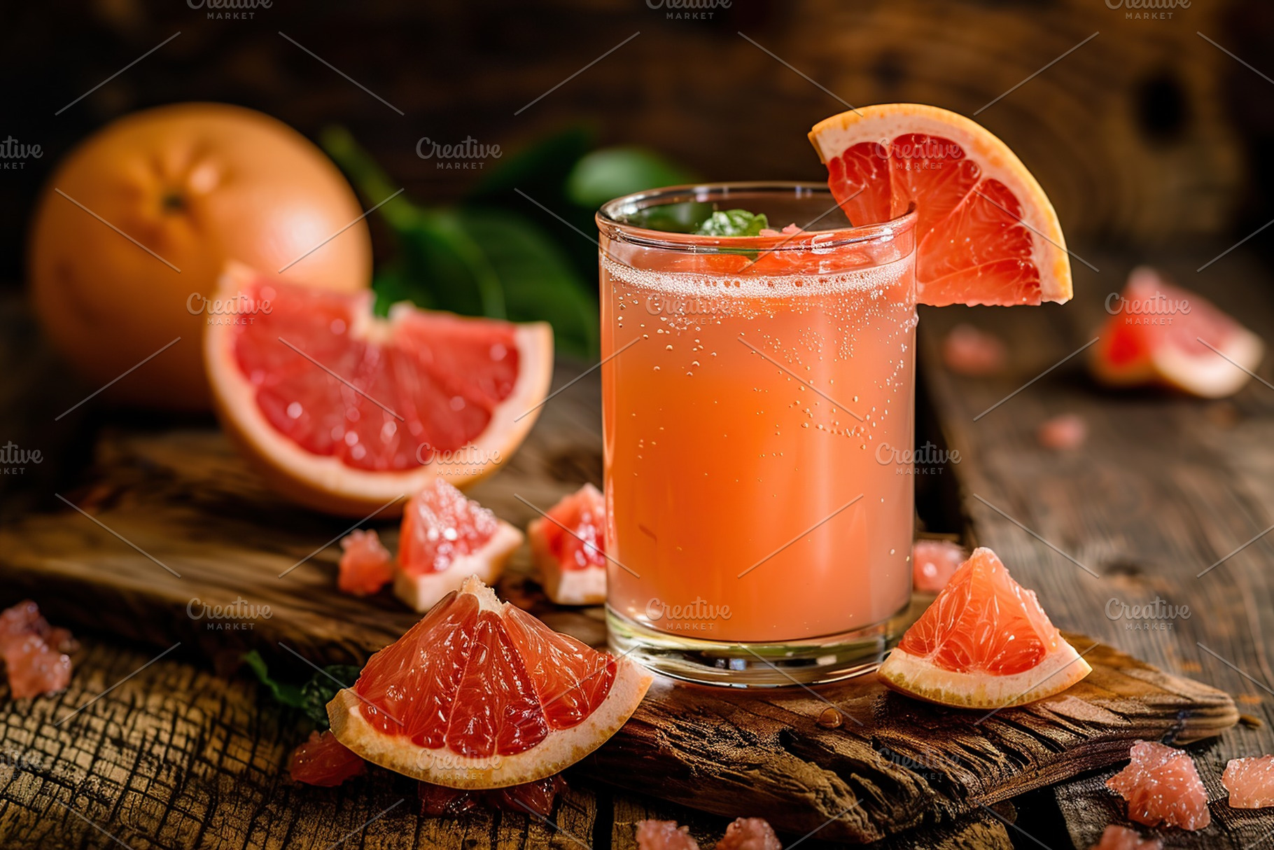 Glass of grapefruit juice with fresh fruit on wooden background, a Food & Drink Photo by AlyaAnd