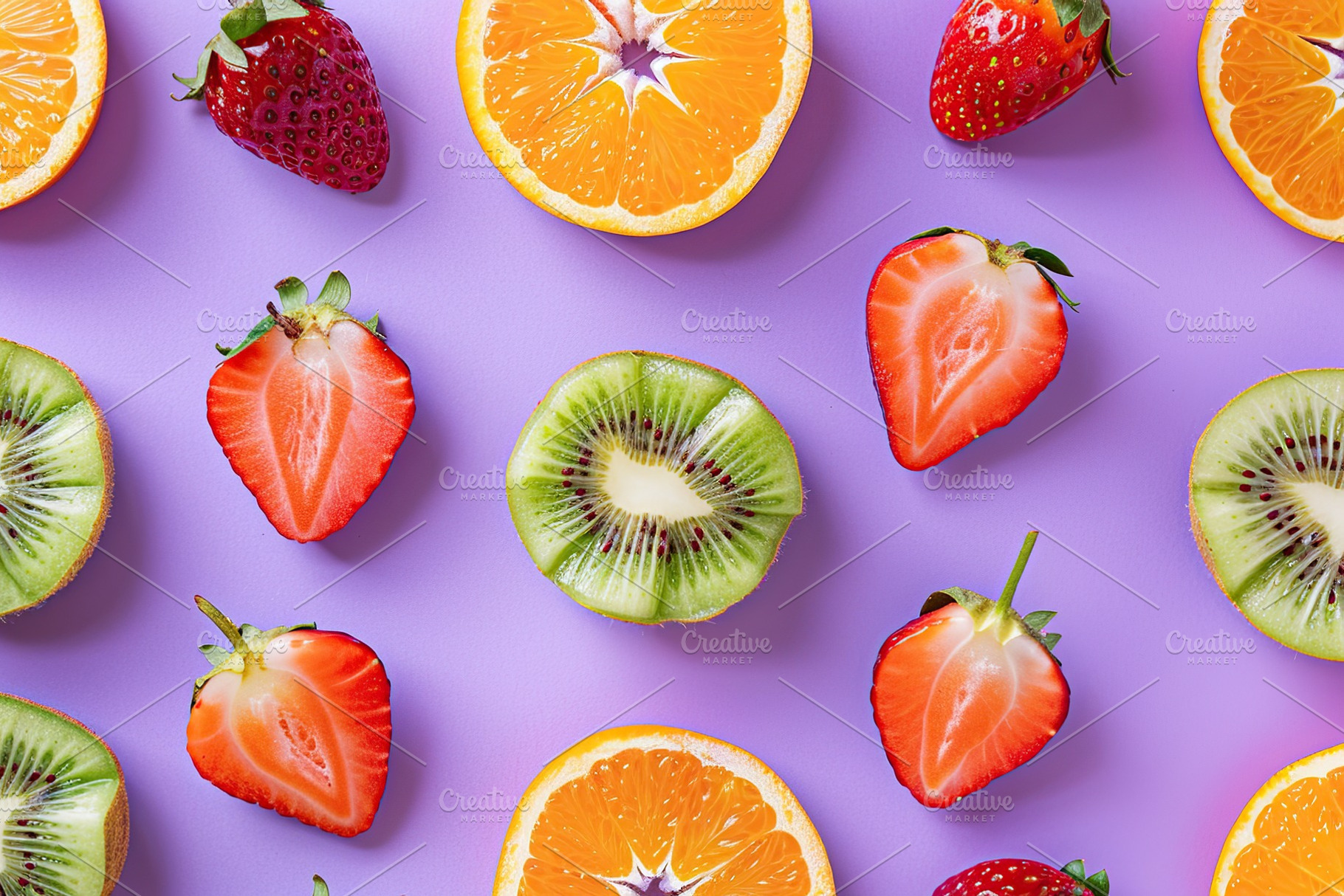 Pattern of ripe slices of different berries on purple background, a Food & Drink Photo by AlyaAnd