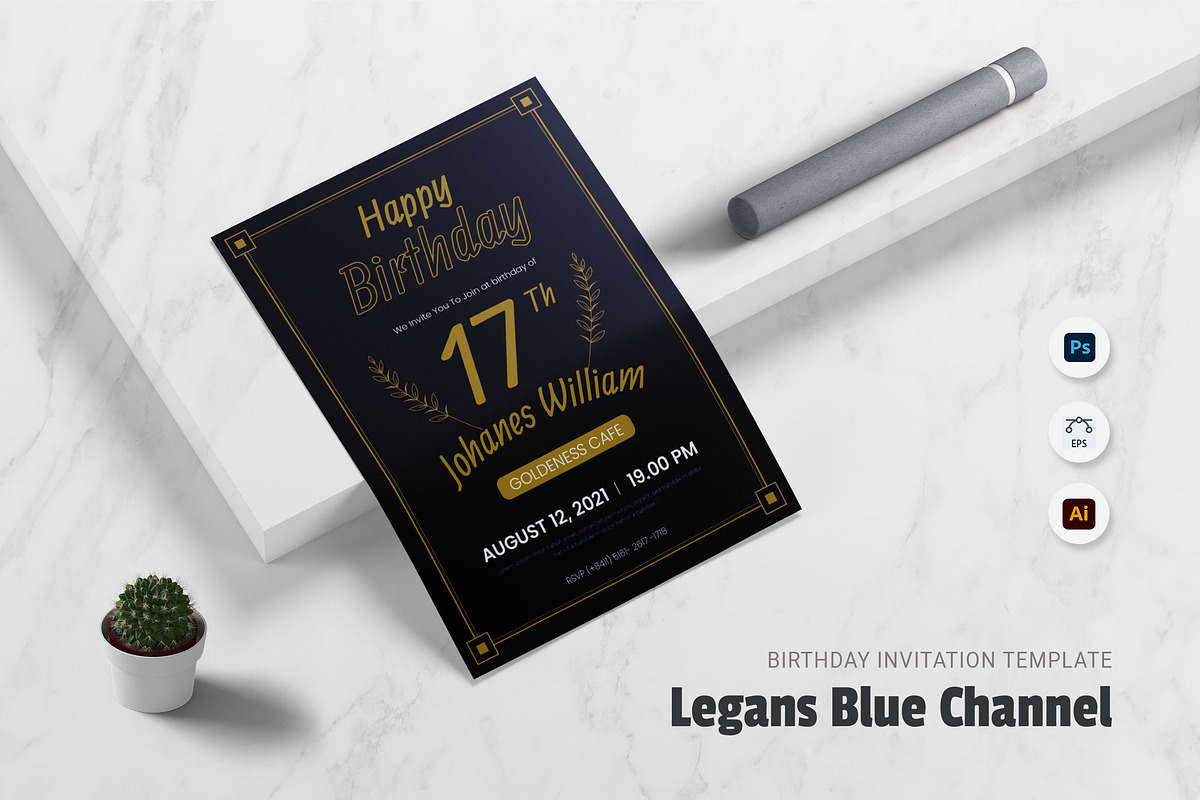 Legans Blue Birthday Invitation, an Invitation Template by Fannan Studio (Photo 1 of 3)