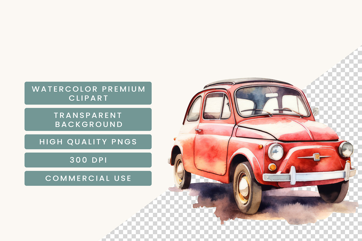Watercolor Retro Fiat 500 Clipart, an Object Illustration by BusyDaydesign (Photo 5 of 7)
