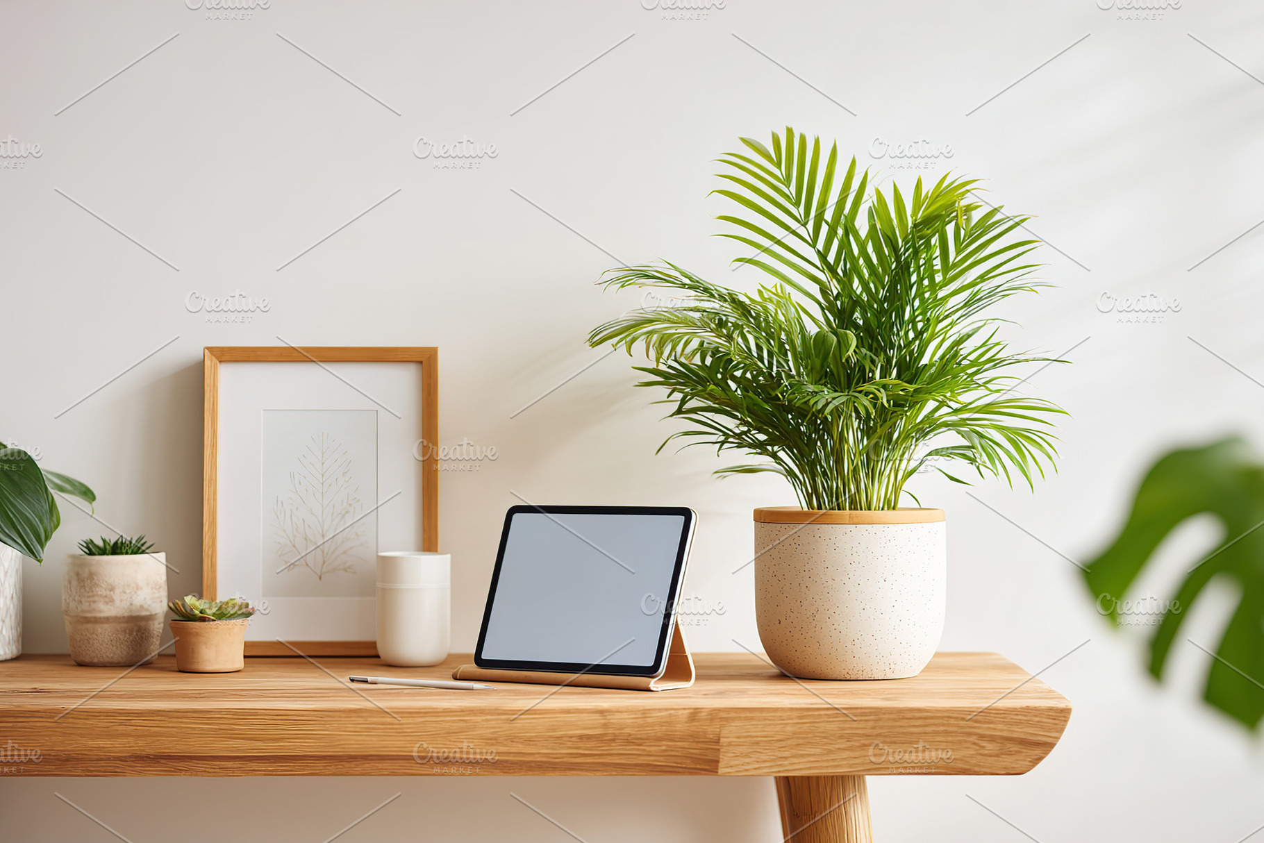 Home office setup featuring a tablet stylus and indoor plants in a bright works, a Beauty & Fashion Photo by AlyaAnd