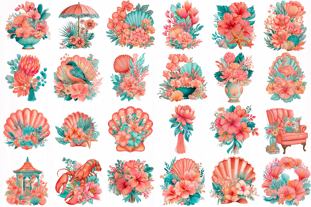 coral cabana watercolor clipart, an Object Illustration by DreamCafeArt (Photo 3 of 6)