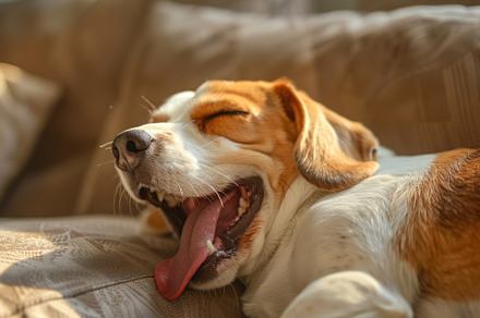 Cozy Beagle Enjoying a Relaxing Yawn on a Comfy Sofa - Generativ, an Animal Photo by José Manuel Gelpi