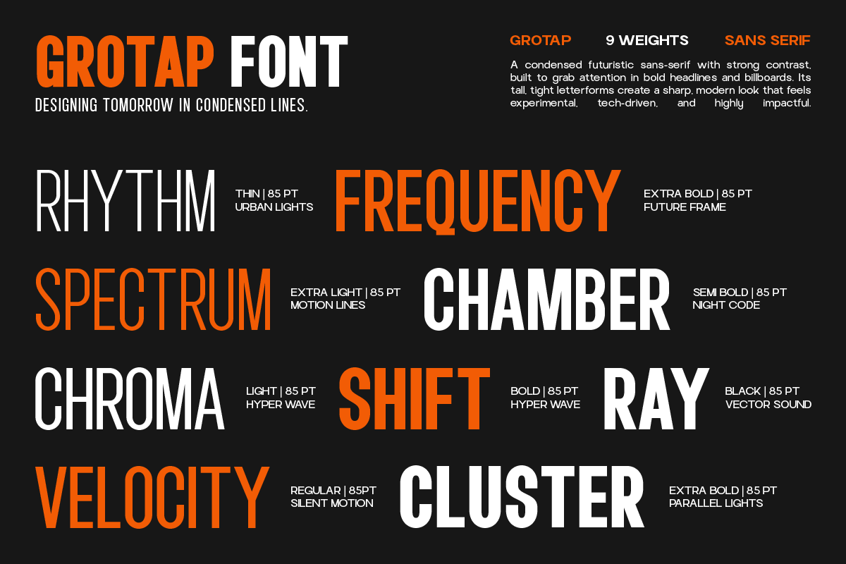 Grotap – A Modern Condensed Sans, a Sans Serif Font by roomspace creative lab (Photo 2 of 10)