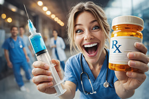 Cartoon of a funny and happy nurse w, a Health & Medical Photo by angellodeco