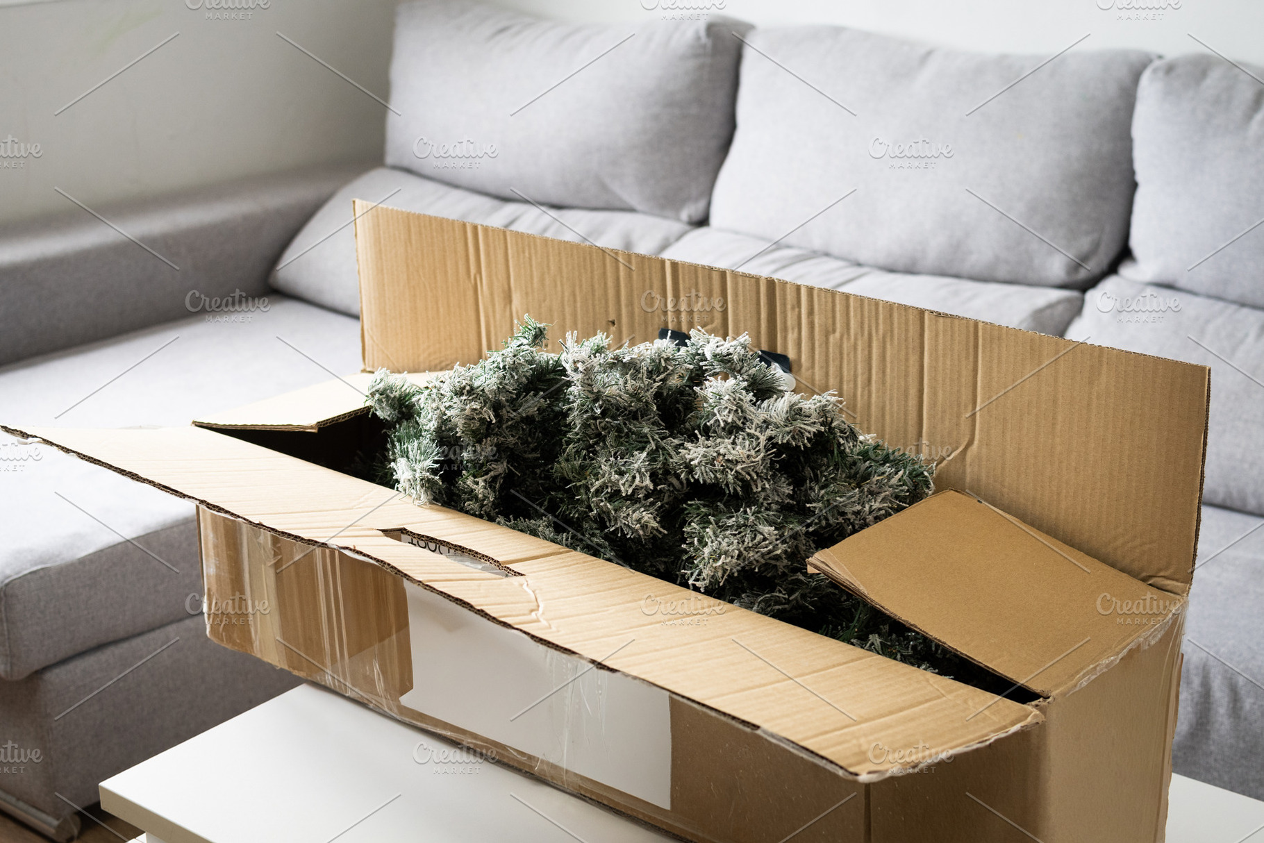 Christmas Tree in Box Inside Living Room with Sofa Background, a Holiday Photo by etorres69