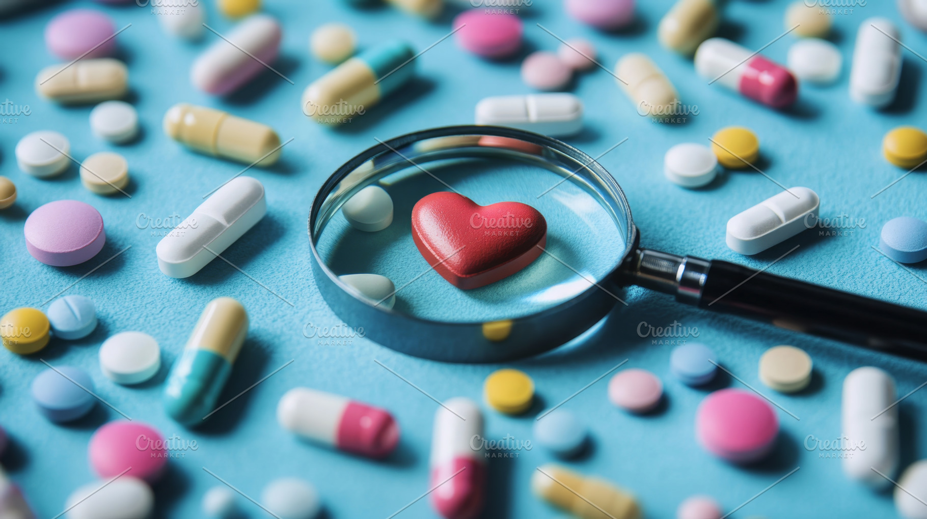 Magnifying Glass Over Heart Symbol Surrounded by Various Pills, an Abstract Photo by Natalia Klenova's Shop