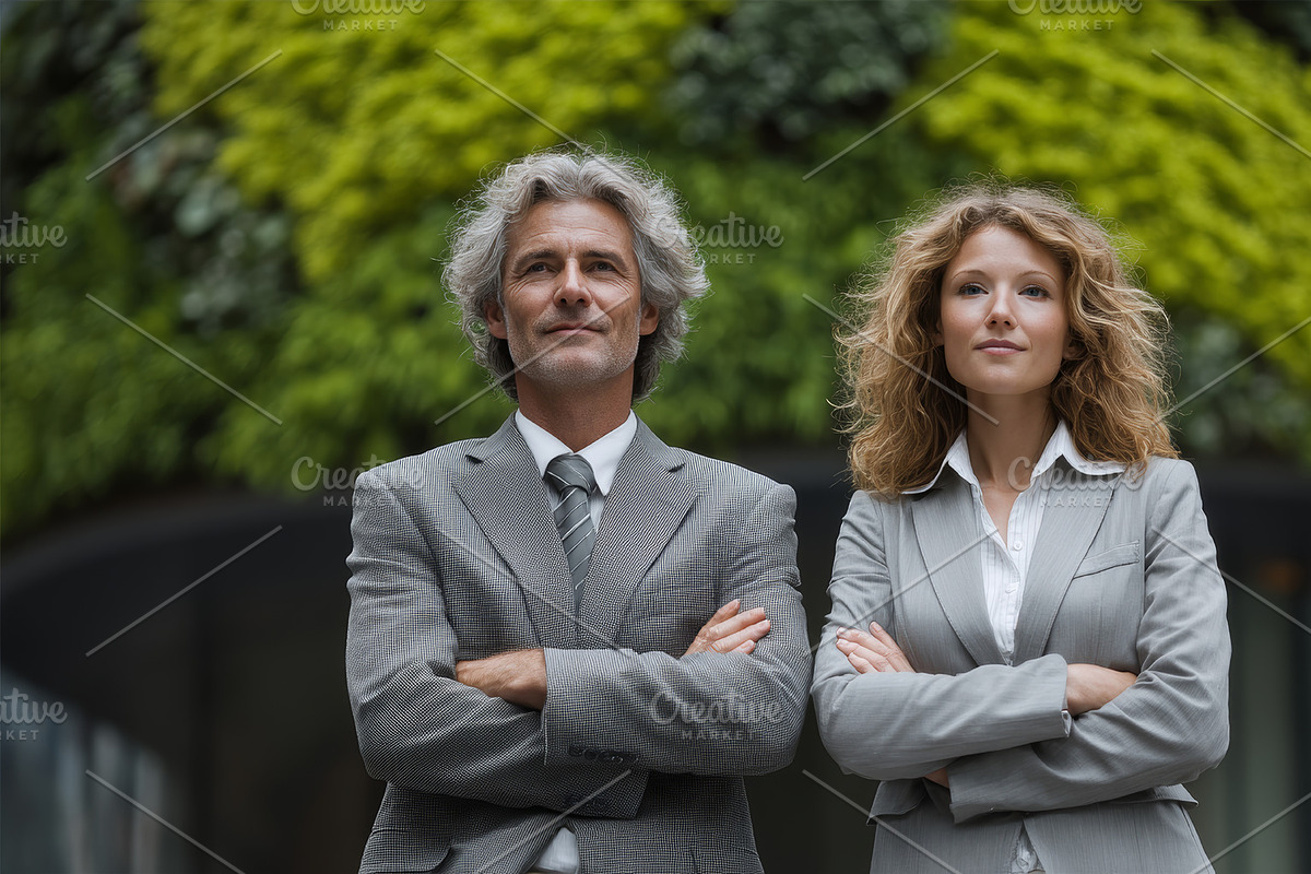 Confident professionals stand side by side in business attire against a lush gr, an Illustration by AS photostudio