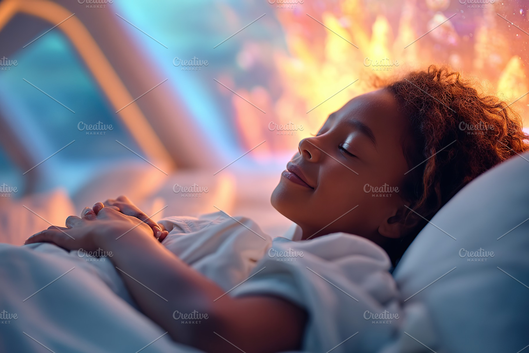 Child peacefully dreaming in a cozy bedroom with soft lighting and warm atmosph, a Photo by AlyaAnd